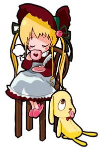 Rating: Safe Score: 0 Tags: 1girl artist_request blonde_hair blush blush_stickers bonnet chair closed_eyes cup dog dress heart image kunkun long_hair long_sleeves lowres mug pink_footwear rozen_maiden saucer shinku simple_background sitting slippers solo standing tongue tongue_out twintails white_background User: admin