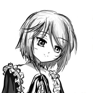 Rating: Safe Score: 0 Tags: 1girl apron blush closed_mouth eyebrows_visible_through_hair greyscale image looking_at_viewer looking_back monochrome short_hair simple_background sketch smile solo souseiseki striped upper_body vertical_stripes User: admin