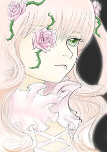 Rating: Safe Score: 0 Tags: 1girl closed_mouth flower green_eyes hair_ornament image kirakishou leaf long_hair looking_at_viewer pink_flower pink_hair rose solo User: admin