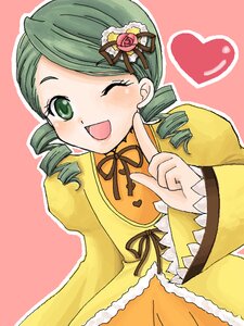 Rating: Safe Score: 0 Tags: 1girl ;d auto_tagged dress drill_hair flower green_eyes green_hair hair_ornament heart image kanaria long_sleeves one_eye_closed open_mouth outline pink_background ribbon rose simple_background smile solo twin_drills yellow_dress User: admin