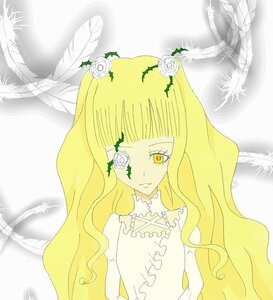 Rating: Safe Score: 0 Tags: 1girl bangs bare_shoulders blonde_hair blunt_bangs dress eyepatch feathers flower image kirakishou long_hair rose solo thorns wavy_hair white_flower white_rose yellow_eyes User: admin