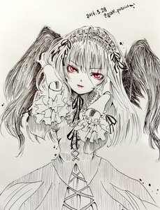 Rating: Safe Score: 0 Tags: 1girl blush dress frills hairband heart image long_hair long_sleeves looking_at_viewer monochrome smile solo suigintou traditional_media wings User: admin