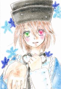 Rating: Safe Score: 0 Tags: blue_flower brown_hair flower green_eyes hat heterochromia image long_sleeves looking_at_viewer red_eyes short_hair solo souseiseki traditional_media upper_body watercolor_(medium) User: admin