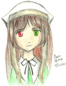 Rating: Safe Score: 0 Tags: 1girl brown_hair closed_mouth dated face green_eyes green_ribbon hat head_scarf heterochromia image long_hair looking_at_viewer red_eyes ribbon simple_background solo suiseiseki white_background User: admin