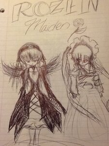 Rating: Safe Score: 0 Tags: 2girls dress image long_hair long_sleeves looking_at_viewer monochrome multiple_girls pair shinku standing suigintou wings User: admin