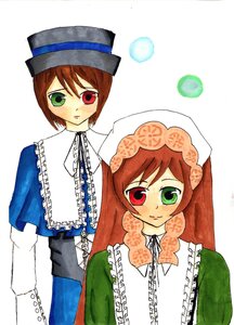 Rating: Safe Score: 0 Tags: 2girls blush brown_hair dress frills green_dress green_eyes hat head_scarf heterochromia image long_hair long_sleeves looking_at_viewer multiple_girls pair red_eyes short_hair siblings simple_background sisters souseiseki suiseiseki top_hat twins white_background User: admin