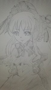 Rating: Safe Score: 0 Tags: 1girl bonnet bow bowtie dress frills image long_hair looking_at_viewer monochrome shinku simple_background sketch solo traditional_media white_background User: admin