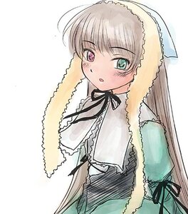 Rating: Safe Score: 0 Tags: 1girl :o black_ribbon blush dress frills green_dress heterochromia image long_hair long_sleeves looking_at_viewer ribbon simple_background solo suiseiseki upper_body very_long_hair white_background User: admin