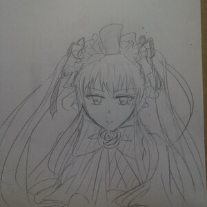 Rating: Safe Score: 0 Tags: 1girl dress flower greyscale image long_hair long_sleeves looking_at_viewer monochrome rose shinku sketch solo traditional_media twintails upper_body User: admin