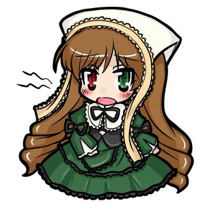 Rating: Safe Score: 0 Tags: 1girl blush brown_hair chibi dress frills green_dress green_eyes hat heterochromia image long_hair long_sleeves open_mouth red_eyes ribbon solo suiseiseki very_long_hair white_background User: admin