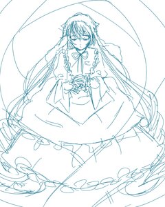 Rating: Safe Score: 0 Tags: 1girl blue_theme braid closed_eyes dress facing_viewer frills image long_hair long_sleeves monochrome sketch solo suiseiseki very_long_hair wide_sleeves User: admin