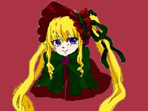 Rating: Safe Score: 0 Tags: 1girl blonde_hair blue_eyes bonnet bow bowtie dress flower green_bow image long_hair long_sleeves looking_at_viewer red_background rose shinku simple_background solo twintails User: admin