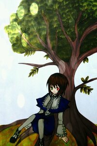 Rating: Safe Score: 0 Tags: 1girl brown_hair dress frills green_eyes heterochromia image leaf long_sleeves plant red_eyes short_hair sitting solo souseiseki suiseiseki tree User: admin