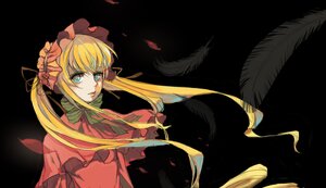 Rating: Safe Score: 0 Tags: 1girl black_background black_wings blonde_hair blue_eyes bonnet bow bowtie dress feathers flower green_bow image long_hair long_sleeves looking_at_viewer red_dress rose shinku simple_background solo User: admin