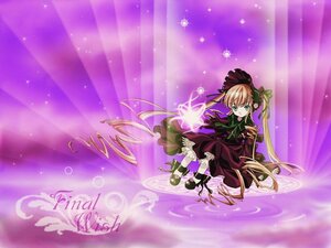 Rating: Safe Score: 0 Tags: 1girl blonde_hair bonnet bow copyright_name dress flower green_eyes green_neckwear image long_hair rose shinku shoes solo sparkle twintails very_long_hair User: admin