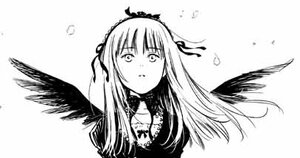 Rating: Safe Score: 0 Tags: 1girl bangs black_wings cross dress feathered_wings greyscale image jewelry long_hair looking_at_viewer monochrome necklace parted_lips ribbon simple_background solo suigintou upper_body white_background wings User: admin