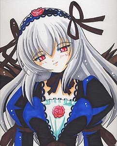 Rating: Safe Score: 0 Tags: 1girl black_wings blush detached_collar dress flower frills hairband image juliet_sleeves long_hair long_sleeves looking_at_viewer pink_eyes puffy_sleeves rose silver_hair simple_background solo suigintou traditional_media upper_body wings User: admin