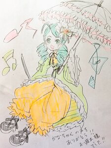 Rating: Safe Score: 0 Tags: 1girl aqua_hair dress flower image kanaria long_sleeves musical_note open_mouth smile solo umbrella yellow_dress User: admin