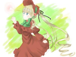Rating: Safe Score: 0 Tags: 1girl blonde_hair blue_eyes bonnet bow bowtie cowboy_shot dress drill_hair flower green_bow green_neckwear image long_hair long_sleeves red_dress rose shinku solo twintails very_long_hair User: admin