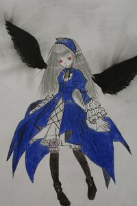 Rating: Safe Score: 0 Tags: 1girl black_footwear black_wings boots dress feathered_wings feathers frills full_body hairband image juliet_sleeves long_hair long_sleeves looking_at_viewer puffy_sleeves red_eyes ribbon simple_background solo standing suigintou traditional_media wings User: admin