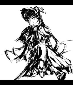 Rating: Safe Score: 0 Tags: 1girl black_border dress greyscale hat image letterboxed long_hair long_sleeves looking_at_viewer monochrome shinku sitting sketch solo very_long_hair User: admin