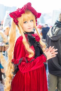 Rating: Safe Score: 0 Tags: 1girl blonde_hair blue_eyes blurry blurry_background blurry_foreground bonnet depth_of_field dress flower lips long_hair long_sleeves looking_at_viewer photo red_dress rose shinku solo solo_focus User: admin