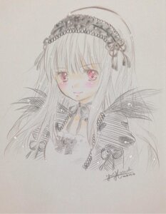 Rating: Safe Score: 0 Tags: 1girl bangs blush closed_mouth dress frills hairband image long_hair looking_at_viewer pink_eyes simple_background smile solo suigintou traditional_media User: admin