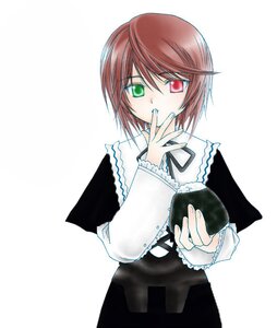 Rating: Safe Score: 0 Tags: 1girl brown_hair frills green_eyes heterochromia holding image long_sleeves looking_at_viewer red_eyes short_hair simple_background solo souseiseki white_background User: admin