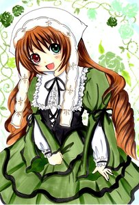 Rating: Safe Score: 0 Tags: 1girl :d blush brown_hair dress drill_hair frills green_dress green_eyes head_scarf heterochromia image long_hair long_sleeves looking_at_viewer open_mouth red_eyes smile solo suiseiseki traditional_media twin_drills twintails very_long_hair watering_can User: admin