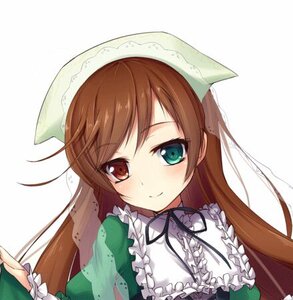 Rating: Safe Score: 0 Tags: 1girl black_ribbon blush brown_hair closed_mouth dress frills green_dress hat head_scarf heterochromia image long_hair long_sleeves looking_at_viewer red_eyes ribbon simple_background smile solo suiseiseki white_background User: admin