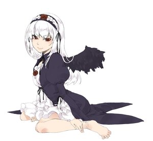 Rating: Safe Score: 0 Tags: 1girl barefoot black_wings closed_mouth dress feathers flower frills full_body hairband image juliet_sleeves long_sleeves looking_at_viewer puffy_sleeves red_eyes red_flower red_rose rose sitting smile solo striped suigintou white_background white_hair wings User: admin