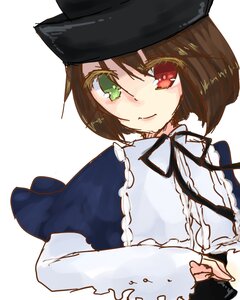 Rating: Safe Score: 0 Tags: 1girl brown_hair green_eyes hat heterochromia image long_sleeves looking_at_viewer red_eyes ribbon short_hair simple_background smile solo souseiseki upper_body white_background User: admin