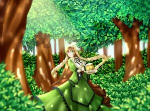 Rating: Safe Score: 0 Tags: 1girl auto_tagged blonde_hair blurry blurry_foreground braid depth_of_field dress flower green_dress green_eyes image long_hair looking_at_viewer outdoors smile solo suiseiseki tree twin_braids very_long_hair User: admin