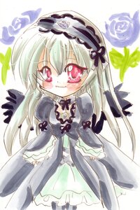 Rating: Safe Score: 0 Tags: 1girl bangs black_ribbon black_wings blush chibi closed_mouth dress eyebrows_visible_through_hair flower frills hairband image juliet_sleeves long_hair long_sleeves looking_at_viewer puffy_sleeves rose smile solo suigintou traditional_media white_background wings User: admin