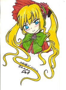 Rating: Safe Score: 0 Tags: 1girl blonde_hair blue_eyes blush bonnet bow bowtie flower green_bow green_neckwear long_hair looking_at_viewer marker_(medium) pink_flower pink_rose rose shinku sidelocks simple_background smile solo traditional_media twintails white_background User: admin