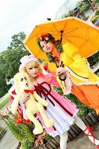 Rating: Safe Score: 0 Tags: 2girls blonde_hair closed_eyes day dress flower holding holding_umbrella multiple_cosplay multiple_girls outdoors parasol red_umbrella shared_umbrella tagme tree umbrella User: admin