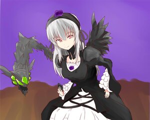Rating: Safe Score: 0 Tags: 1girl black_dress black_wings dress flower frills hairband image long_hair long_sleeves looking_at_viewer purple_background rose silver_hair solo suigintou wings User: admin