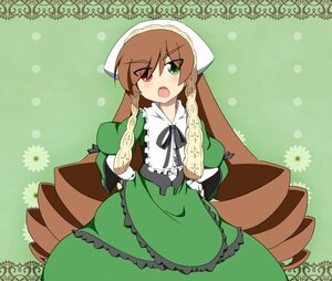 Rating: Safe Score: 0 Tags: 1girl brown_hair dress drill_hair frills green_dress green_eyes head_scarf heterochromia image long_hair long_sleeves looking_at_viewer open_mouth red_eyes solo suiseiseki twin_drills twintails very_long_hair watering_can User: admin