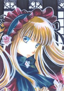 Rating: Safe Score: 0 Tags: 1girl bangs blonde_hair blue_eyes bow flower image long_hair marker_(medium) rose shinku solo traditional_media upper_body User: admin