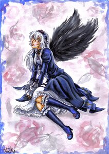 Rating: Safe Score: 0 Tags: 1girl blue_eyes boots dress frills hairband high_heel_boots high_heels image lips long_hair silver_hair sitting solo suigintou traditional_media weapon wings User: admin