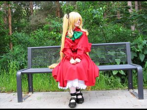 Rating: Safe Score: 0 Tags: 1girl black_footwear blonde_hair closed_eyes day dress fence hair_ribbon letterboxed long_hair mary_janes outdoors photo_background ribbon shinku shoes solo tree User: admin