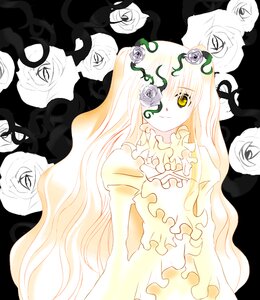 Rating: Safe Score: 0 Tags: 1girl blonde_hair dress eyepatch flower image kirakishou long_hair rose solo thorns very_long_hair vines white_flower white_rose yellow_eyes yellow_rose User: admin