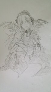 Rating: Safe Score: 0 Tags: 1girl boots dress frills graphite_(medium) greyscale hairband image long_hair long_sleeves looking_at_viewer monochrome solo suigintou traditional_media wings User: admin