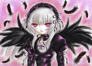 Rating: Safe Score: 0 Tags: 1girl bird black_feathers black_wings detached_collar dress feathered_wings feathers flower frills hairband image long_hair long_sleeves looking_at_viewer pink_background pink_eyes puffy_sleeves silver_hair solo suigintou upper_body wings User: admin