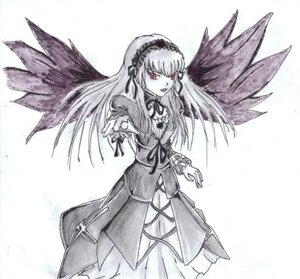 Rating: Safe Score: 0 Tags: 1girl black_wings dress feathered_wings frilled_sleeves frills hairband image long_hair long_sleeves looking_at_viewer monochrome red_eyes ribbon simple_background solo suigintou traditional_media very_long_hair white_background wings User: admin