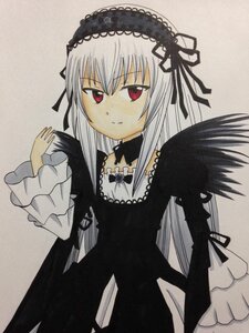 Rating: Safe Score: 0 Tags: 1girl bangs black_dress black_ribbon black_wings closed_mouth detached_collar dress frills hairband image long_hair long_sleeves looking_at_viewer red_eyes ribbon silver_hair simple_background smile solo suigintou traditional_media upper_body wings User: admin