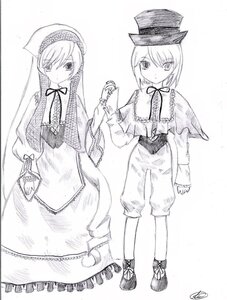 Rating: Safe Score: 0 Tags: 2girls capelet dress frills greyscale hat image long_hair long_sleeves looking_at_viewer monochrome multiple_girls neck_ribbon pair ribbon shoes short_hair souseiseki standing suiseiseki underwear User: admin