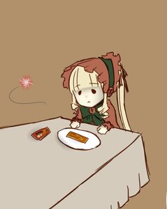 Rating: Safe Score: 0 Tags: 1girl blonde_hair bonnet chibi dress flower food image long_hair long_sleeves rose shinku simple_background solo table teacup User: admin