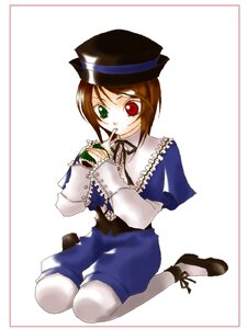 Rating: Safe Score: 0 Tags: 1girl blue_dress brown_hair cup dress eating full_body green_eyes hat heterochromia holding image long_sleeves looking_at_viewer pantyhose red_eyes sitting solo souseiseki top_hat white_legwear User: admin