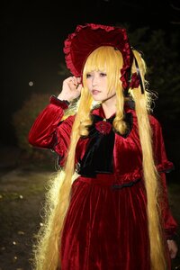 Rating: Safe Score: 0 Tags: 1girl bangs blonde_hair blue_eyes bonnet bow dress flower lips long_hair realistic red_dress rose shinku solo User: admin